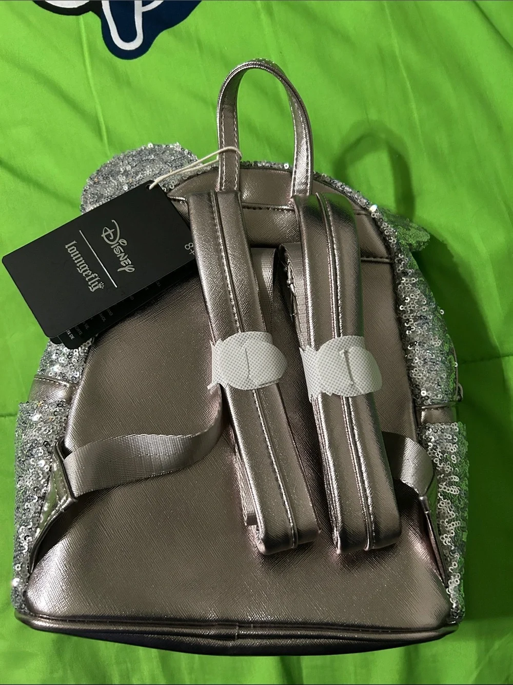 Loungefly Silver Sequin Minnie Ear Backpack with Metallic Bow
